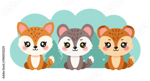 Three cartoon animals sitting on a cloud with cheerful expressions