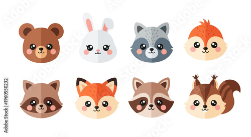Cute cartoon animals faces including bear, rabbit, raccoon, squirrel, fox, and chipmunk in a digital illustration.