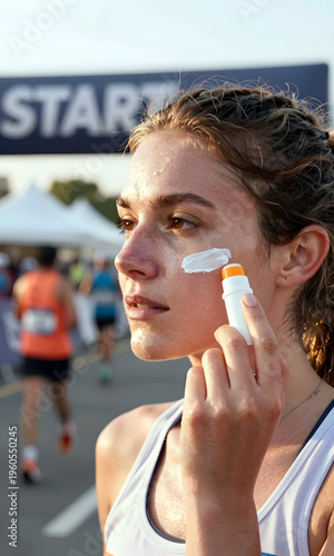 Young woman applying sunscreen on face before marathon starting line  