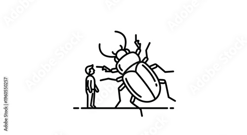 Minimalist line art illustration portraying a human interacting with a gigantic beetle graphic