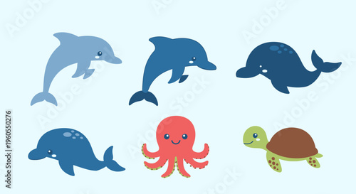 Marine animals swim together in ocean water illustration
