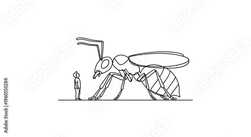 A small human confronts an enormous insect, highlighting a dramatic encounter of scale and wonder