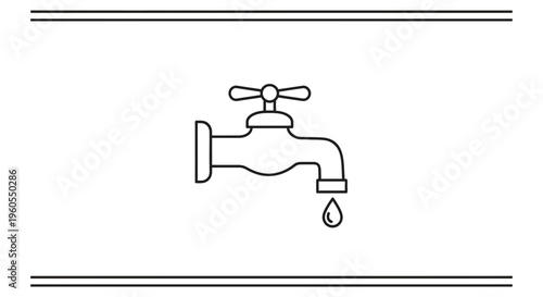 Minimalist line icon of a water faucet with a single dripping liquid drop symbolizing conservation