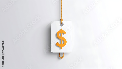 Price tag with orange dollar sign hanging from string against white background