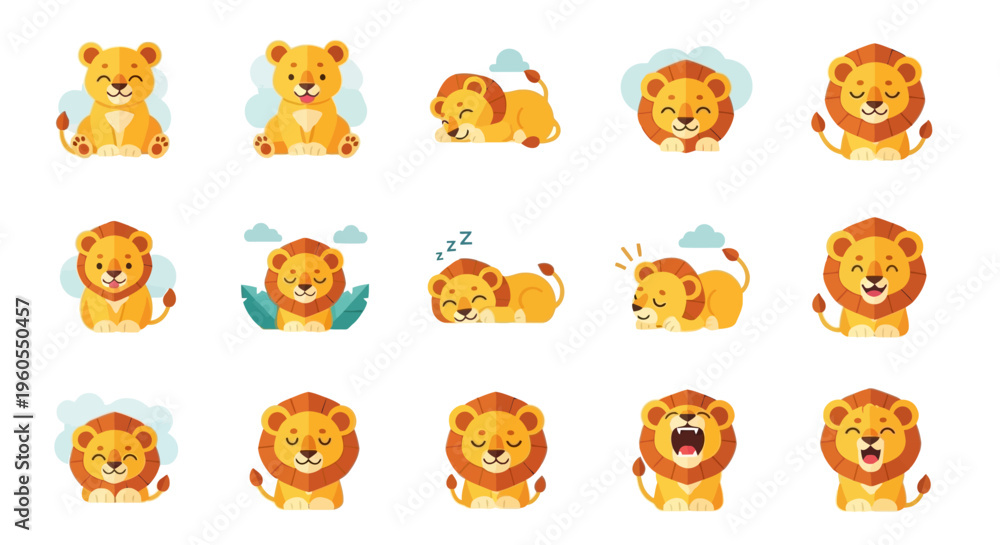 Obraz premium Various cartoon lion faces and expressions are shown in a collection