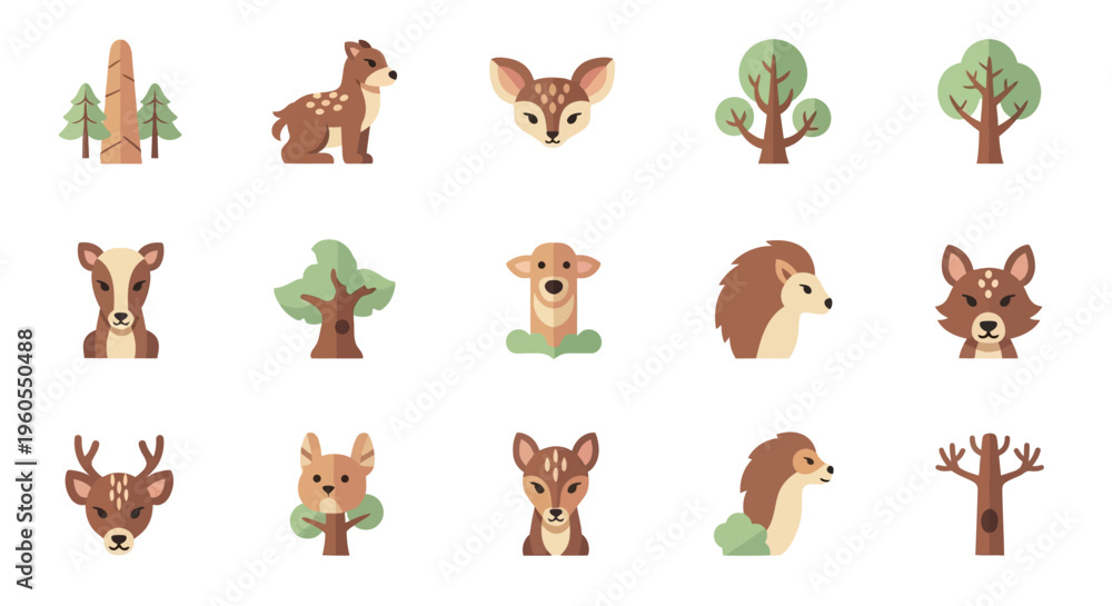 Fototapeta premium Woodland creatures and trees illustration set with deer, fox, hedgehog, and forest elements