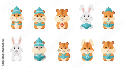 Cute cartoon bears and bunnies in hats and outfits are gathered together.