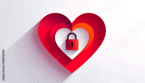 Red heart shape layers with a red padlock in the center on a white background