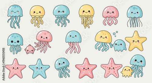 Colorful jellyfish and starfish illustrations fill the page with smiling faces