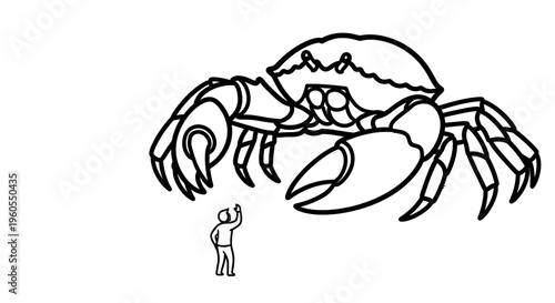 Colossal crustacean encounter: an awe-struck person marvels at a giant ocean creature illustration