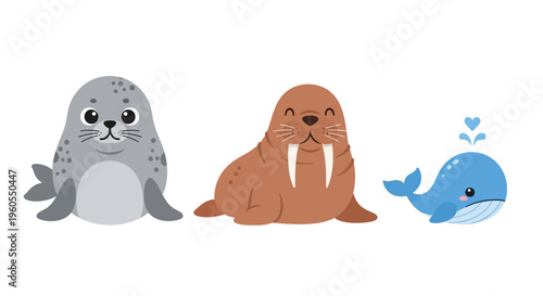 Cartoon animals seal, walrus, and whale are sitting together outside.