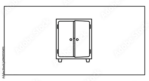 Clean minimalist line art drawing depicting a small two-door cabinet, one door slightly open,