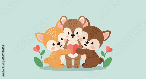 Cute cartoon animals play together outdoors in a field of flowers.