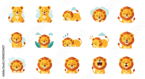 Various cartoon lion faces and expressions are shown in a collection