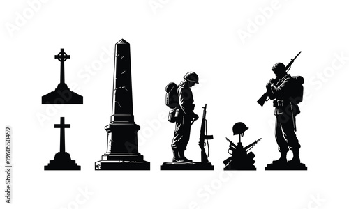 Memorial day tribute with soldier and grave vector silhouette illustration for remembrance