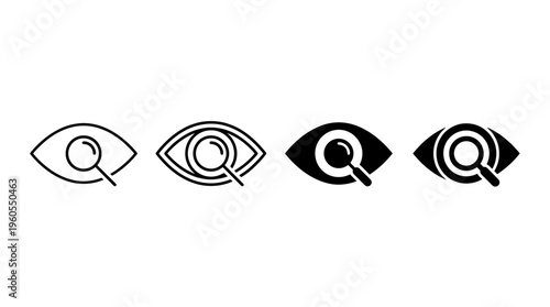 Eye search icon. View and visibility symbol with magnifying glass. Watching, scanning and visual inspection concept for user interface and navigation systems. UI element for search and content viewing