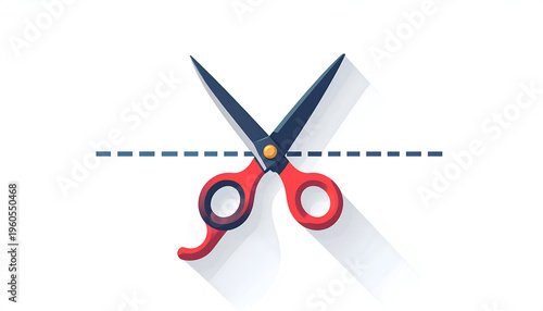 Red scissors cutting along a dotted line in clean flat vector style illustration