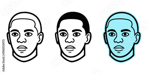 Human Male Head Vector Illustration Set with Three Face Variations for Thinking and Innovation Concepts, Profile Silhouette Clip Art for Brain Tech, Wellness, and Diversity Diversity