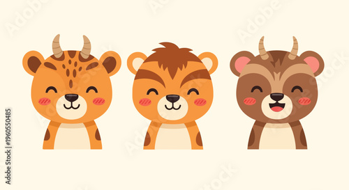 Three cartoon animal faces smiling with rosy cheeks on a beige background