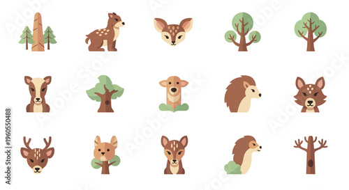 Woodland creatures and trees illustration set with deer, fox, hedgehog, and forest elements