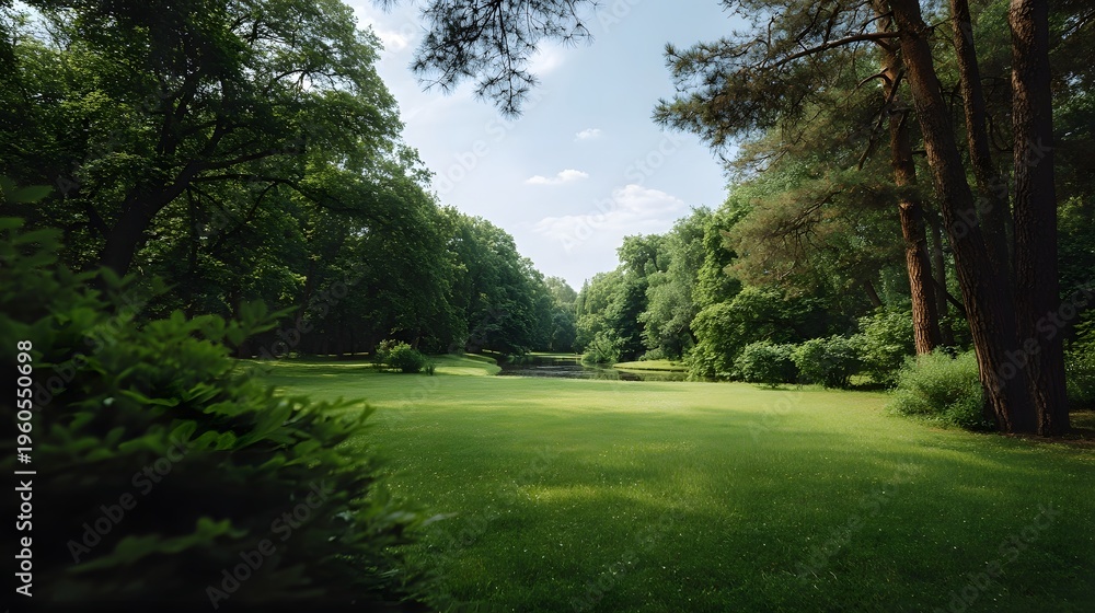 Naklejka premium A serene park landscape with lush green grass and dense trees under a bright blue sky