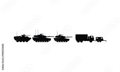 Military ground vehicles vector silhouette illustration, tanks, armored car, supply truck