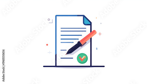 Signing a document with a pen illustration; agreement contract legal modern graphic