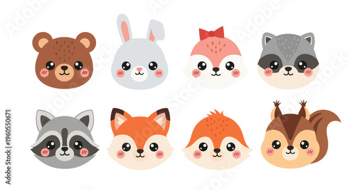 Cute cartoon animals with blush cheeks face viewer in forest