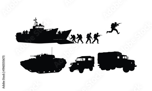 Military invasion vector silhouette illustration with landing craft, soldiers and vehicles