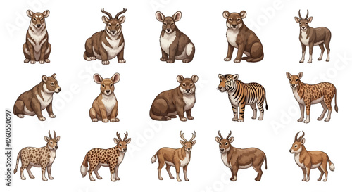 Various wild animals are gathered in a natural landscape illustration.