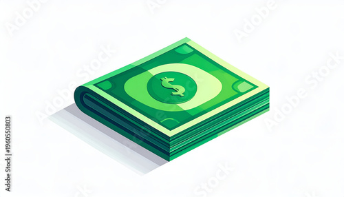 Stack of green money with dollar sign in cartoon style on white backdrop