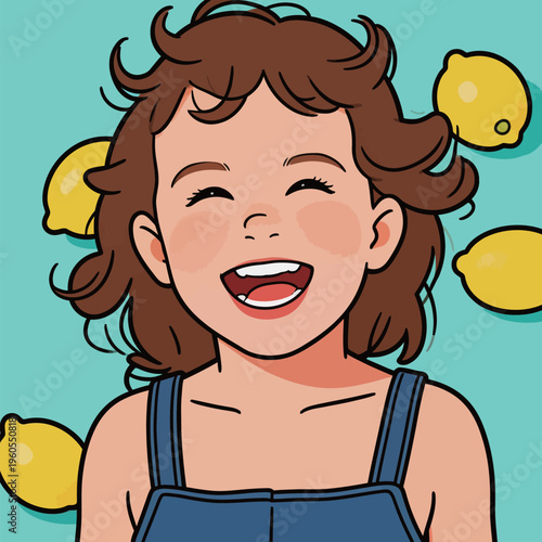 Child smiles happily with lemons around in a bright setting