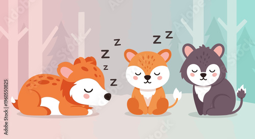 Three adorable animals sleeping peacefully together in forest