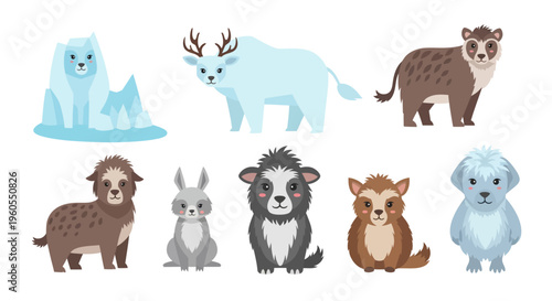 Various animals stand together on white background