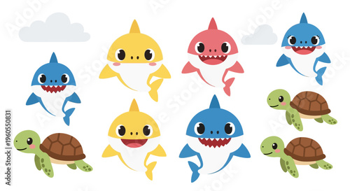 Colorful cartoon sharks and turtles swim together in ocean scene