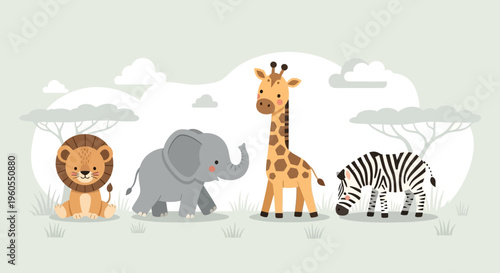 Wild animals gather in savannah with trees and clouds