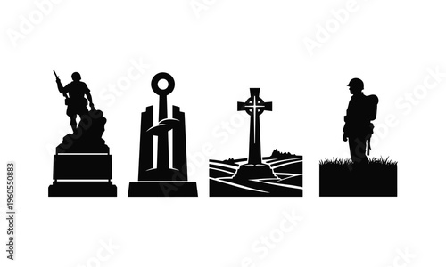 War memorial silhouette set including statues and cemetery cross monuments vector graphics