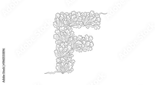 Stylized botanical initial F crafted from intricate leafy greens on a pristine white background