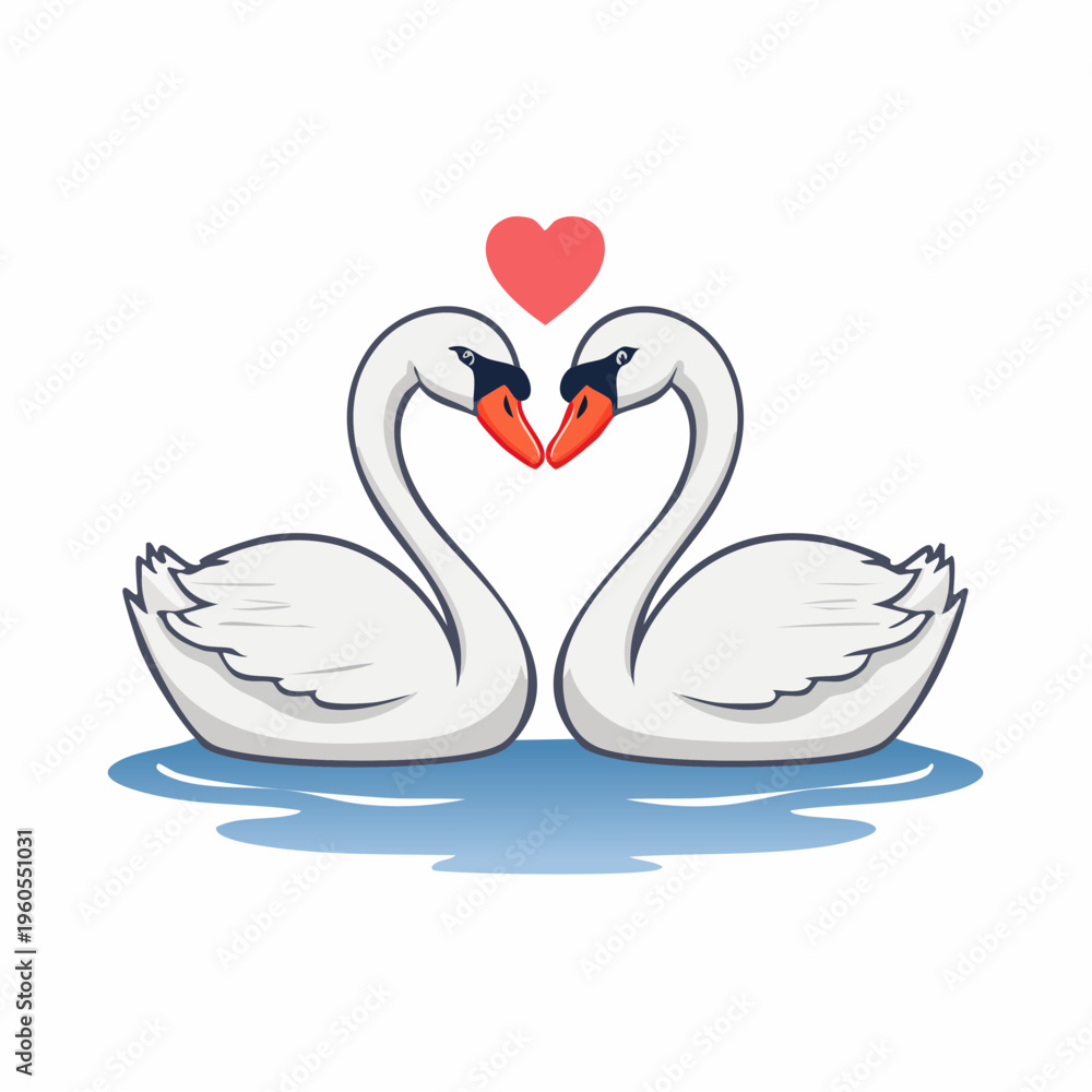 Fototapeta premium Romantic Two White Swans Forming Heart Shape With Floating Red Heart Vector Illustration