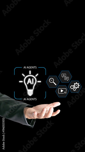 A businessman's open hand holds glowing virtual icons featuring a lightbulb and hexagons displaying AI Agents for search, chat, video, and settings.