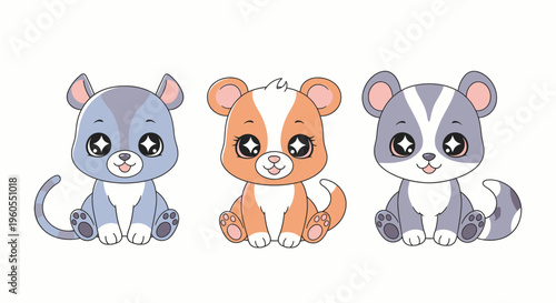 Three cute cartoon raccoons and hamsters sitting together indoors