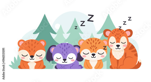 Cute cartoon animals sleep peacefully together in forest