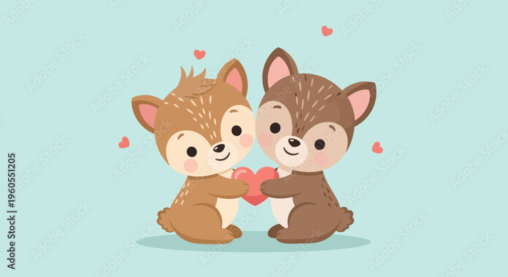 Fototapeta premium Cute cartoon foxes holding a heart on a pastel background