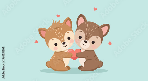 Cute cartoon foxes holding a heart on a pastel background