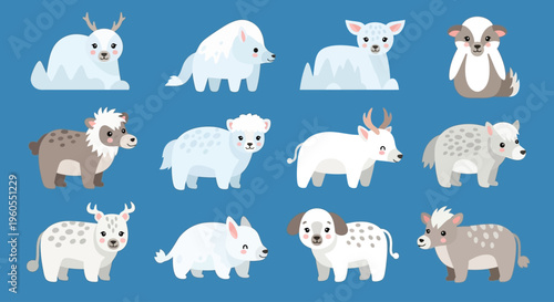Various animals are depicted in a digital illustration on a blue background.