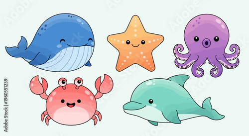 Colorful cartoon sea creatures swim together happily underwater