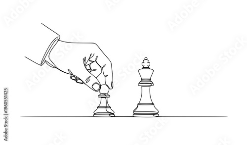 Minimal hand moving pawn to king checkmate line art vector illustration