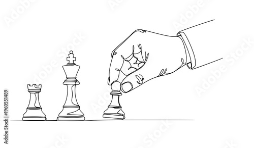 Continuous one line drawing hand holding pawn checkmate strategy vector illustration