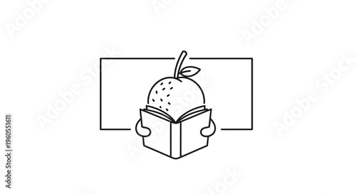Creative orange character reading a book, education concept, minimalist line art