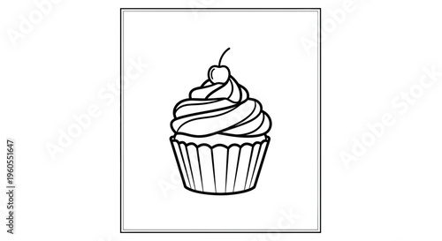 Cupcake with Cherry on Top - Outline Drawing